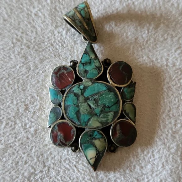 Vintage Tibetan Coral & Turquoise pendant - silver - Picture 2 of 3
